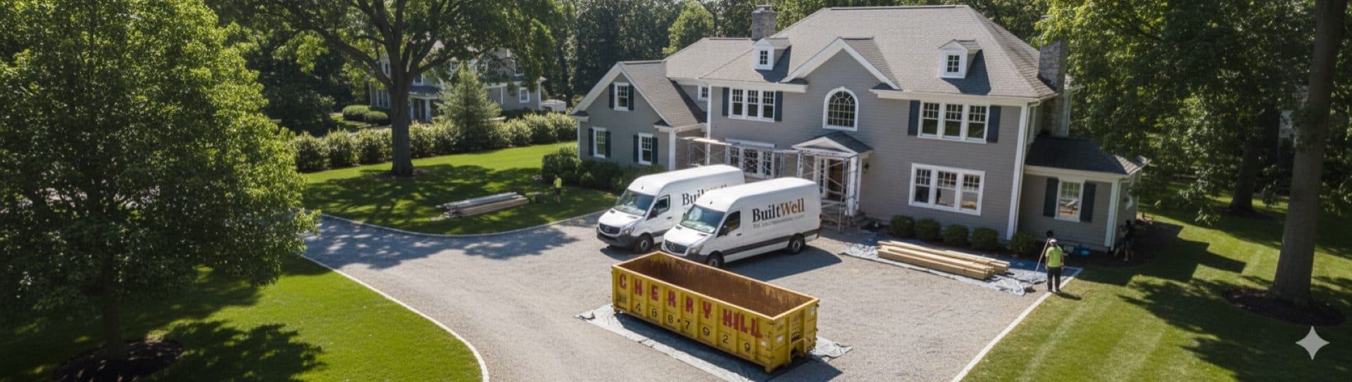 BuiltWell CT trucks at a Connecticut remodeling project site