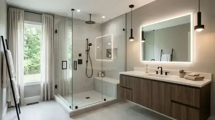 Luxury bathroom remodel by BuiltWell CT with tile shower and vanity in New Haven County, Connecticut