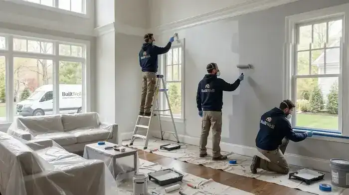 BuiltWell CT painting crew applying interior paint with proper furniture protection in a Connecticut home